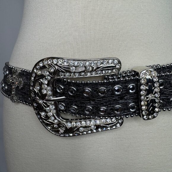 VTG Black Leather Belt Rhinestone Buckle and Crosses Witchy Goth Vampire Diaries - Picture 3 of 11